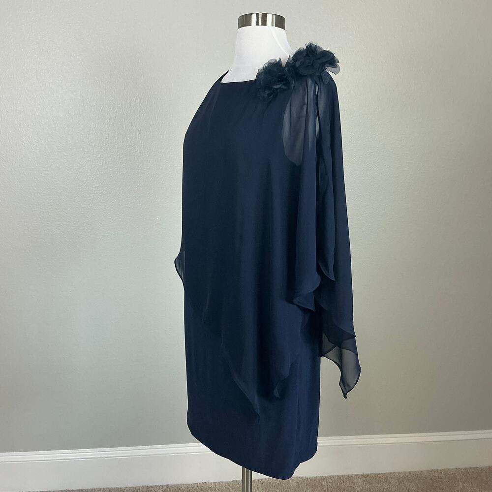 XSCAPE Chiffon Overlay Knit Sheath Embellished Cocktail Dress Navy Blue Size 10 - Picture 5 of 12